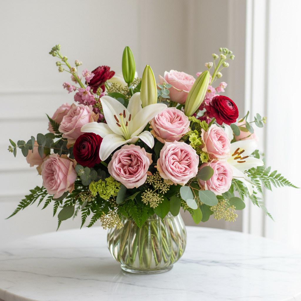 A vibrant bouquet featuring roses, lilies, and greenery
